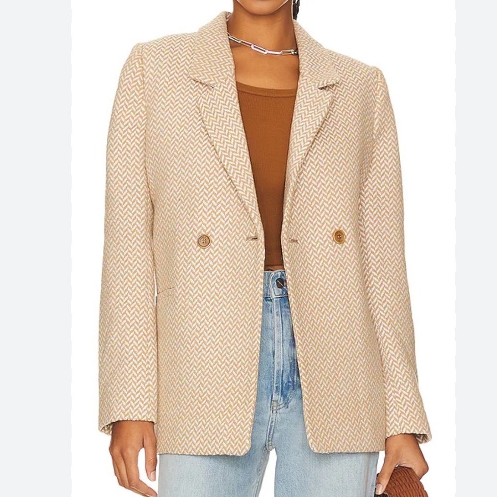 Anine Bing Fishbone Herringbone Double Breasted Blazer Jacket Womens Sz XL Tan